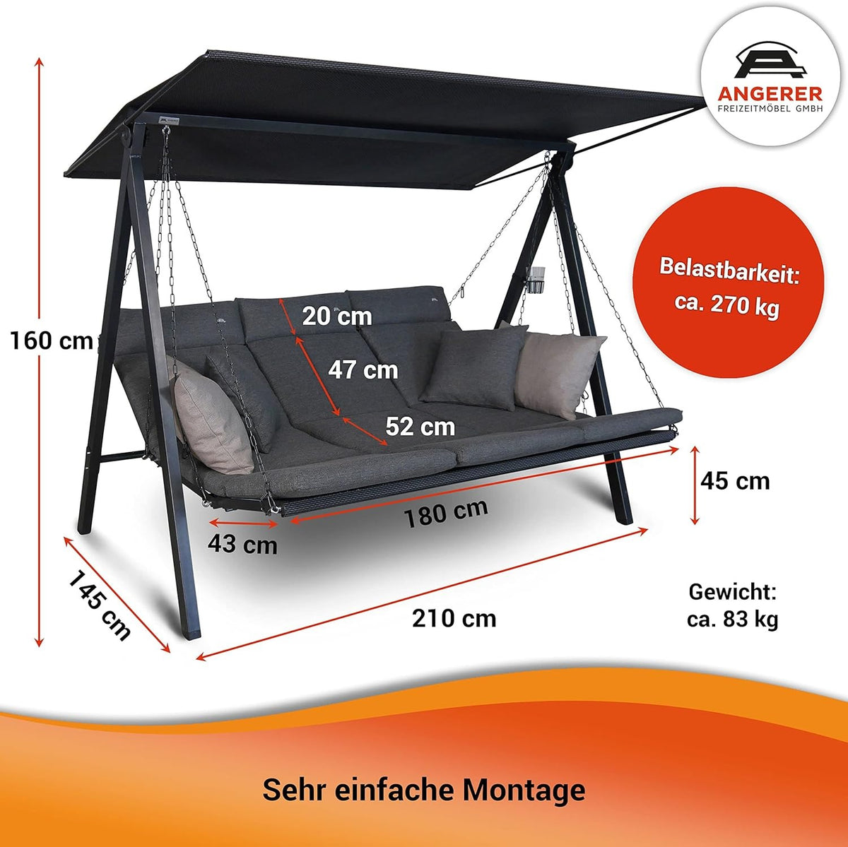 ANGERER Hollywoodschaukel Lounge Smart 3-Sitzer mit Bettfunktion & Sonnendach – Gartenschaukel mit Liegefunktion, Hergestellt in Deutschland