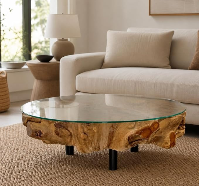 Bressmer NAGA Couchtisch Teakholz Wurzelholz Rund Ø100 cm – Massiver Wohnzimmertisch mit Sicherheitsglasplatte & Stahlfüßen