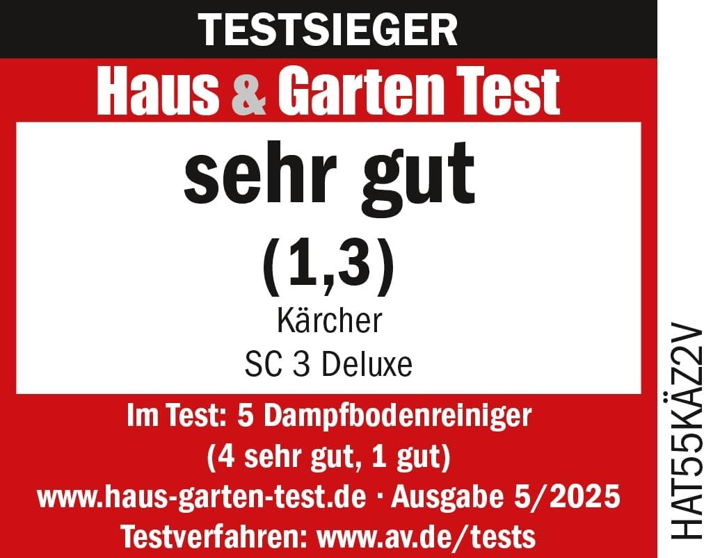 Kärcher Dampfreiniger SC 3 Deluxe, Dampfdruck: 3,5 bar, Aufheizzeit: 30 s, Leistung: 1.900 W, Flächenleistung: 75 m², Tank: 1 l, mit Bodenreinigungsset, Mikrofaser-Bezug, Düsen und Rundbürste, Weiß