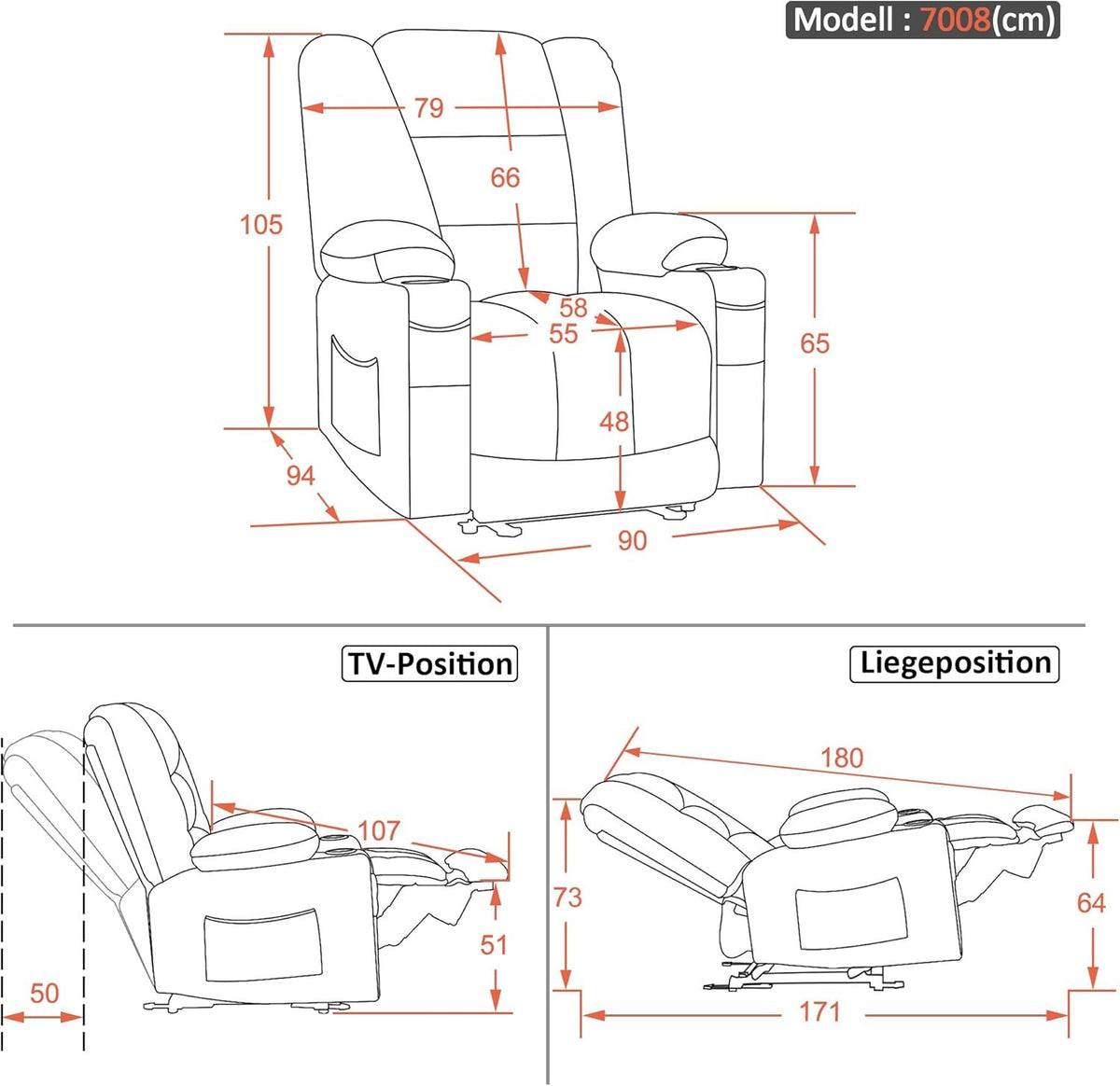 M MCombo Elektrischer Fernsehsessel Relaxsessel mit Liegefunktion, Massage & Wärme, USB-Anschluss, verstellbarer TV Sessel für Wohnzimmer