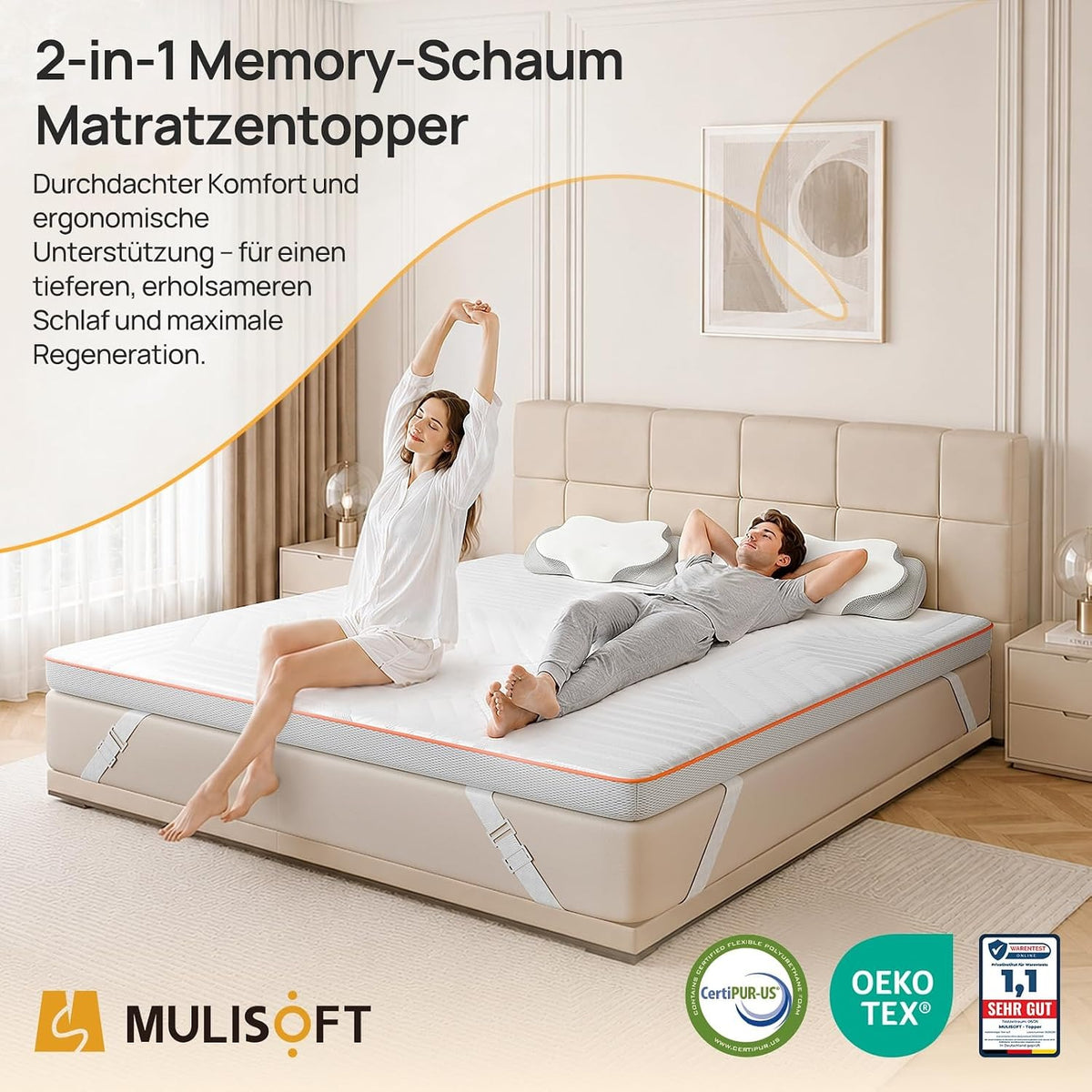 MULISOFT Topper 180x200 cm 7,5 cm H3/H4 – Gel Memory-Schaum Matratzentopper mit 7-Zonen, waschbarem Bezug & Anti-Rutsch