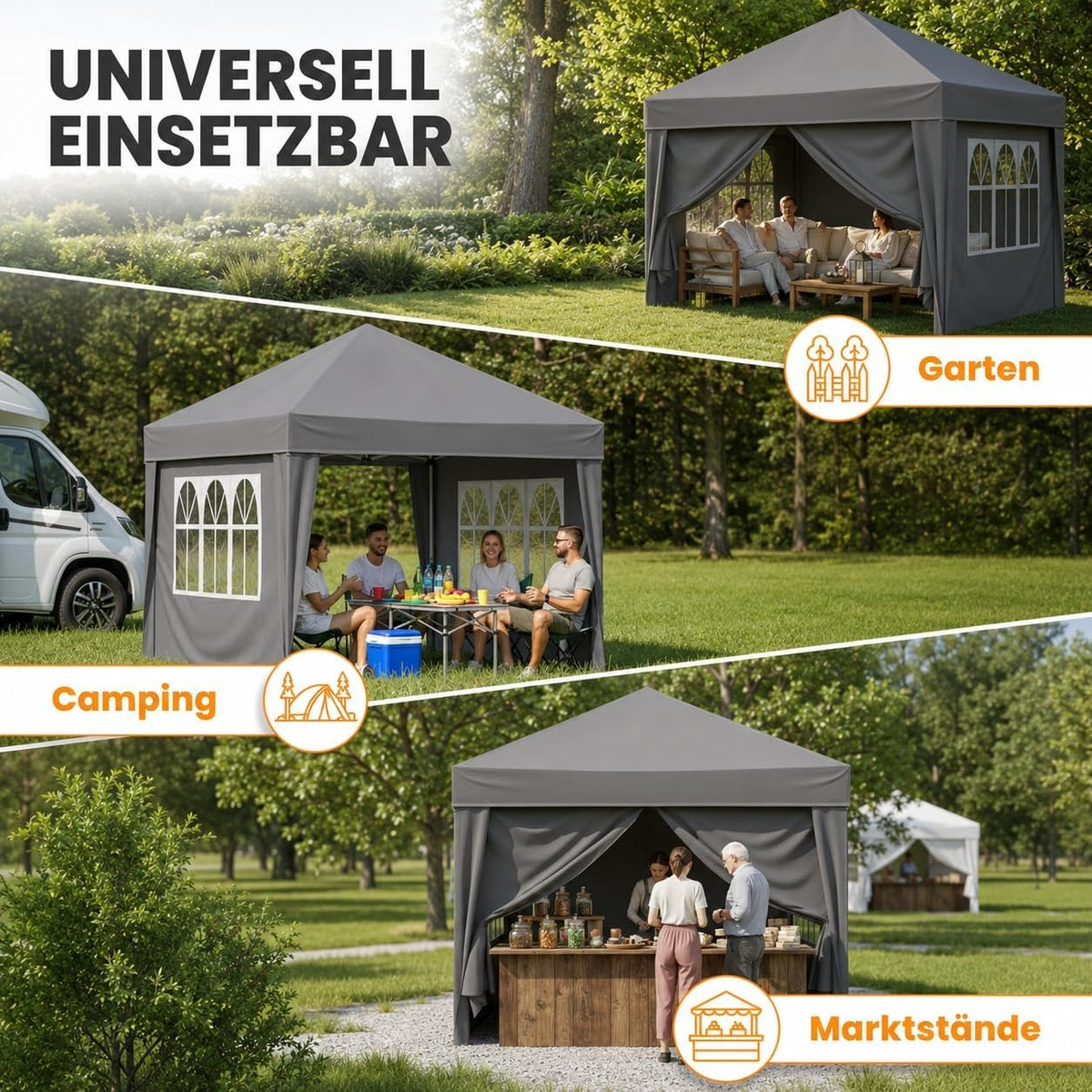 NATURIZ® Pavillon 3x3 Wasserdicht Stabil und UV 50+ Schutz - Faltpavillon mit Seitenwänden - Faltpavillon Zelt für Garten, Camping, Marktstand & Partyzelt, Gartenpavillon, Gartenzelt, Festzelt (Grau)