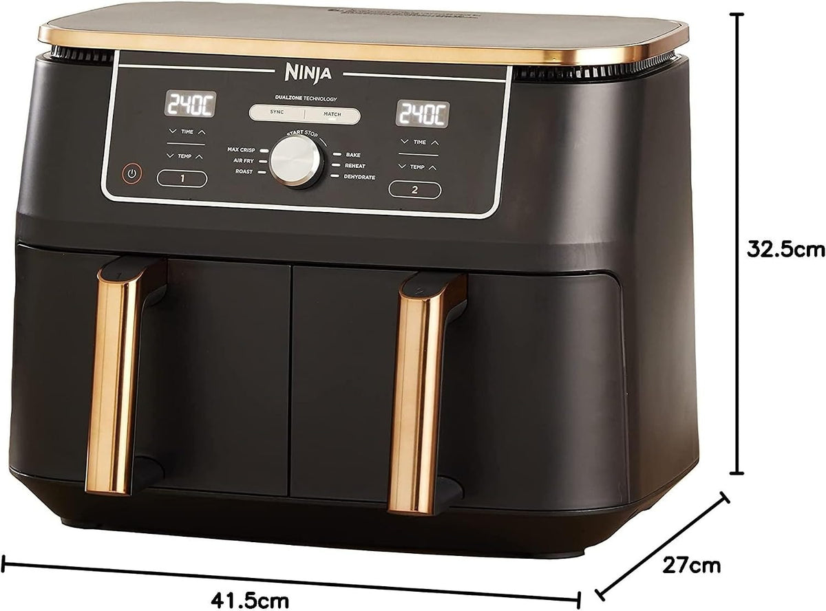 Ninja Foodi MAX Dual Zone Heißluftfritteuse, 9,5L Heißluftfritteuse, 2 Fächer, mit Zange, Antihaftbeschichtung, spülmaschinenfeste Körbe, 6-in-1, Kupfer/Schwarz, AF400EUCP