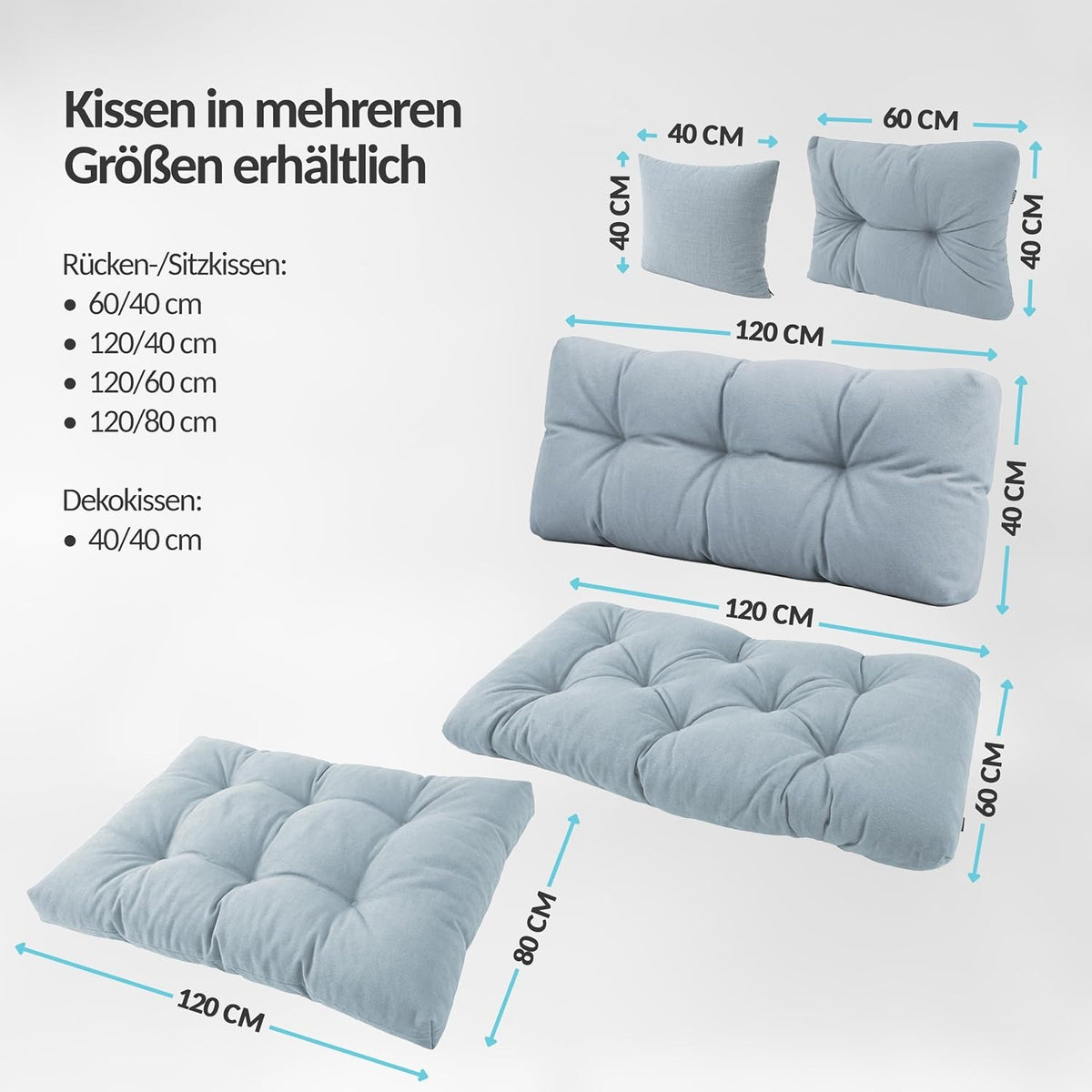 POKAR Palettenkissen Wasserabweisend Palettenauflagen Palettenmöbel Palettensofa 8er Set: Sitzkissen 120x80 + Rückenlehne 120x40, Anthrazit – Schwarz - Wasserabweisend, Sitzkissen 120 x 80