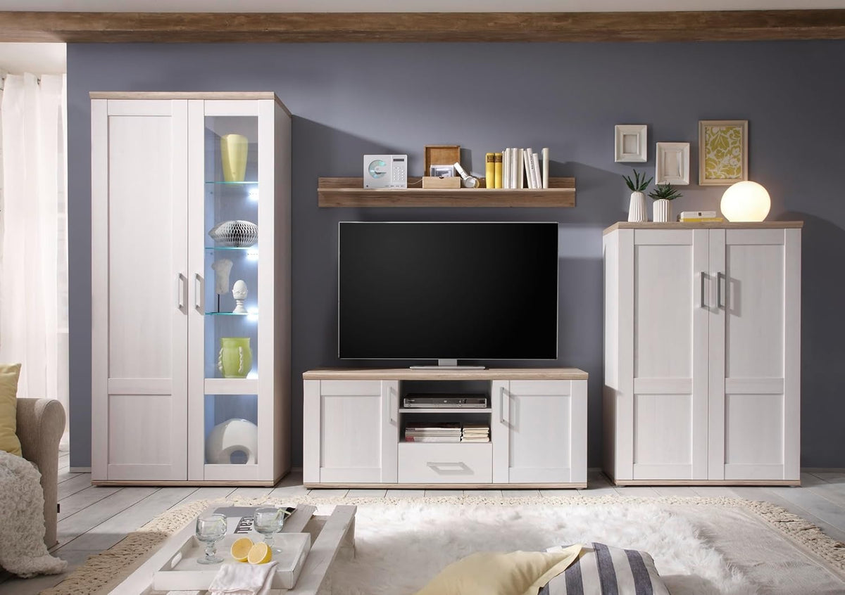 Stella Trading ROMANCE Wohnwand Wohnzimmer Set mit LED-Vitrine, Stauraum, Sibiu Lärche & Eiche San Remo