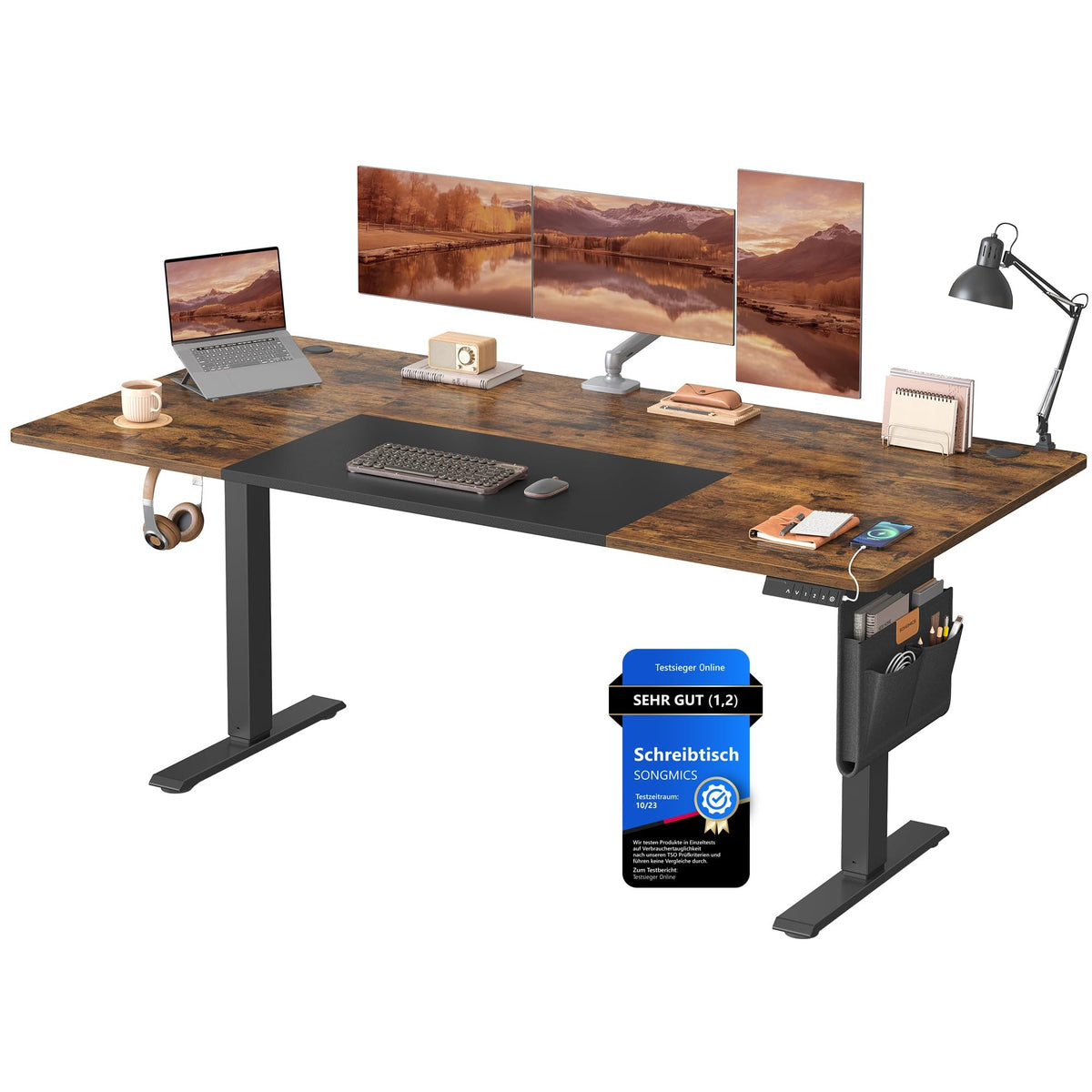 SONGMICS Höhenverstellbarer Schreibtisch 180x80 cm – Elektrischer Sitz-Steh-Schreibtisch mit USB, Organizer & Haken, Vintagebraun – 140 x 60 cm, Wolkenweiß + Taubengrau