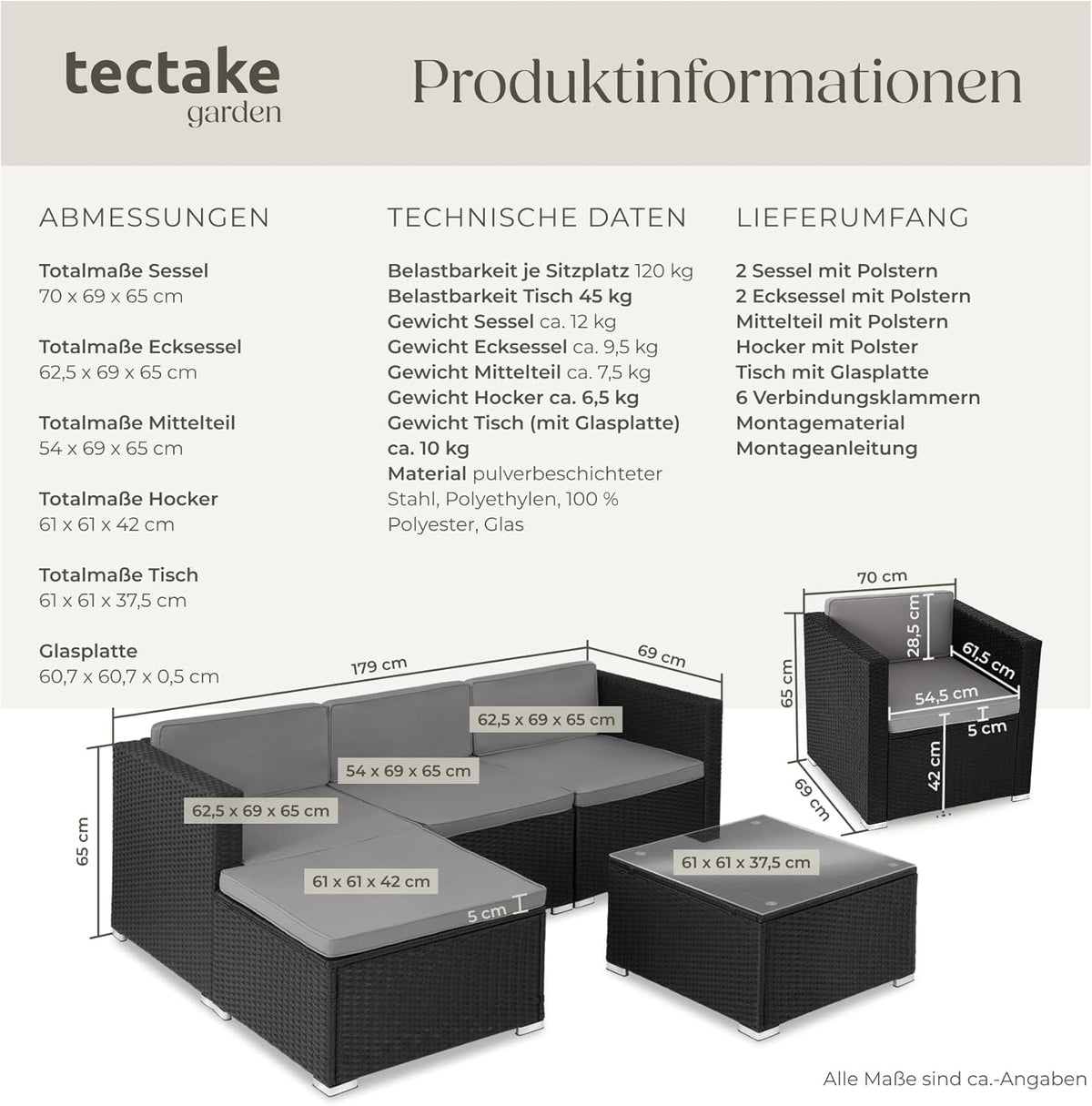 tectake Gartenmöbel Set Poly Rattan mit Sofa, Sesseln, Hocker & Tisch, modulare Gartenlounge wetterfest für Garten, Terrasse & Balkon
