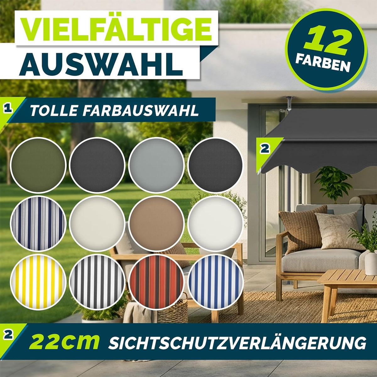 tillvex Klemmmarkise 350cm breit mit Handkurbel | Balkonmarkise ohne Bohren – 250cm, Taupe mit LED