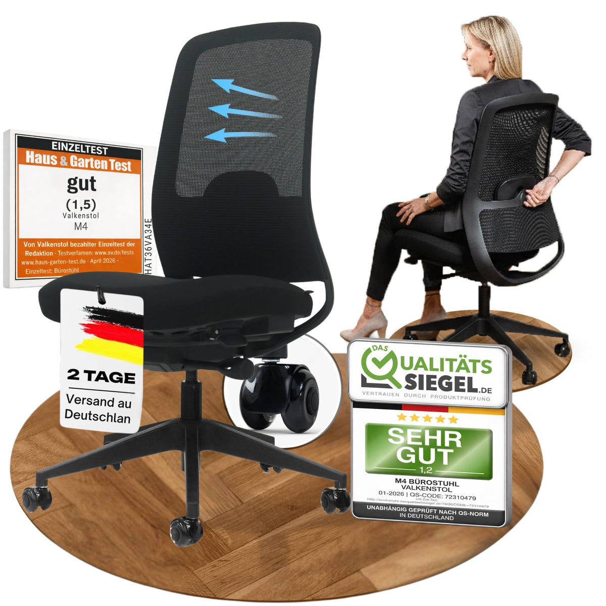 VALKENSTOL M2 Ergonomischer Bürostuhl Schwarz bis 150 kg – Schreibtischstuhl mit verstellbarer Lendenstütze, Mesh-Rücken & Höhenverstellung – M5air (Schwarz)