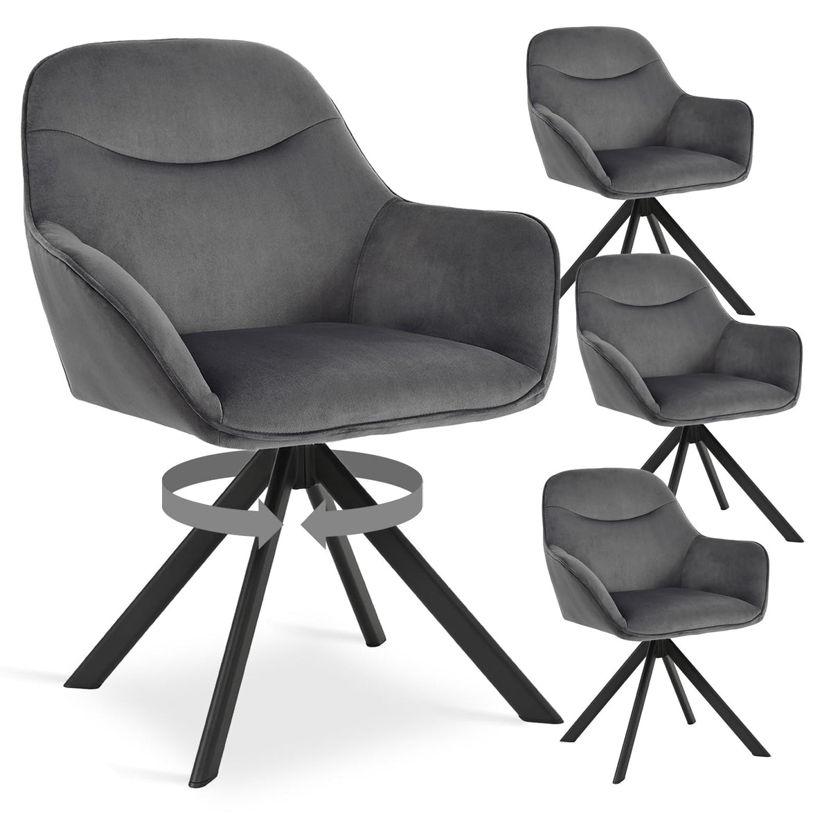 6er Set Esszimmerstühle Drehbar mit Armlehne, 360° Drehstuhl Polsterstuhl Samt Modern Küchenstuhl mit Metallbeine für Esszimmer, Wohnzimmer, Büro, Dunkelgrau – Dunkelgrau, Standardgröße, 6
