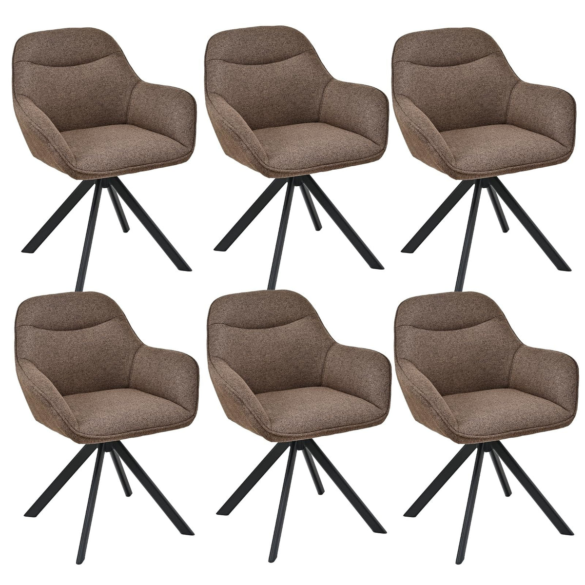 6er Set Esszimmerstühle Drehbar mit Armlehne, 360° Drehstuhl Polsterstuhl Samt Modern Küchenstuhl mit Metallbeine für Esszimmer, Wohnzimmer, Büro, Dunkelgrau – Mokkabraun, Standardgröße, 4
