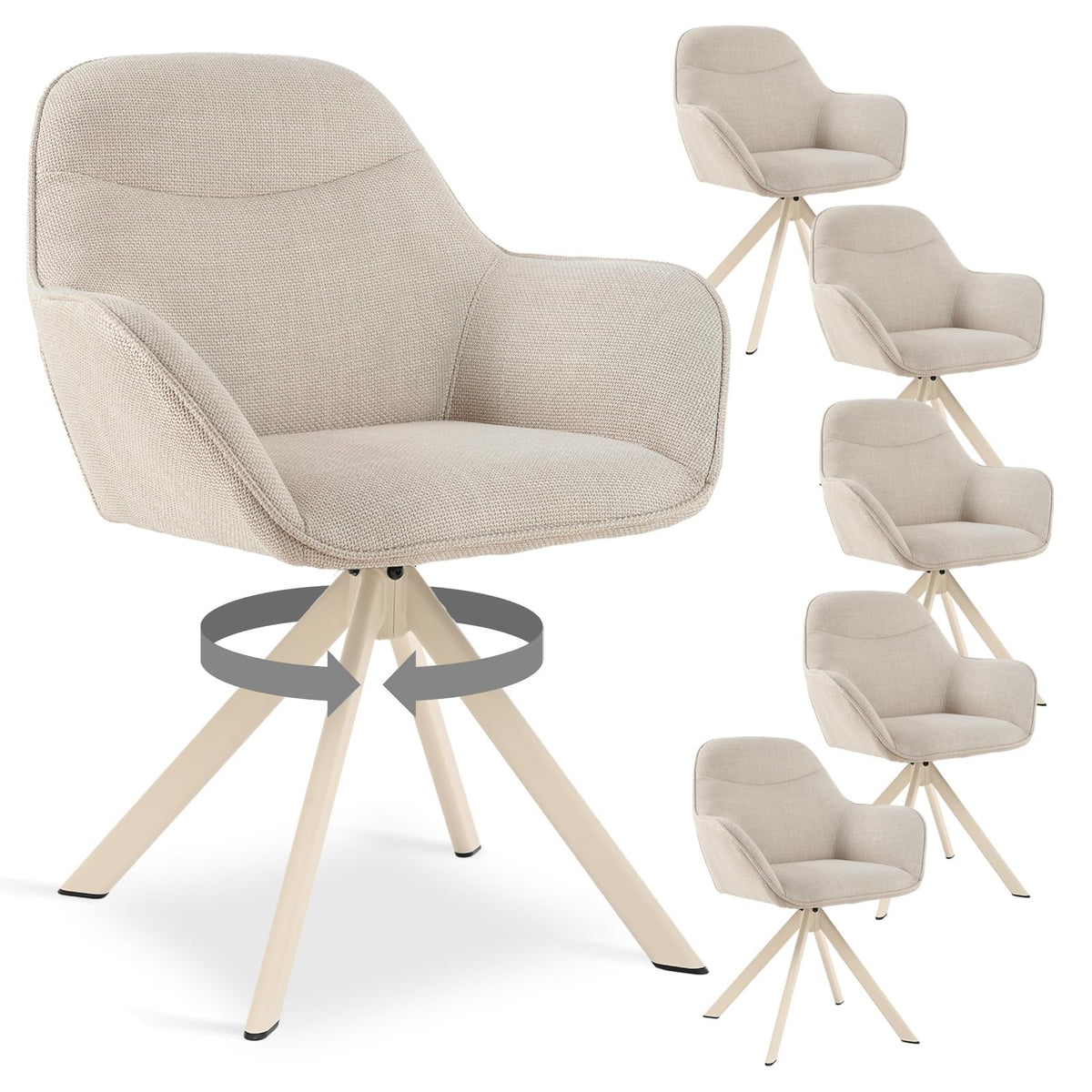 6er Set Esszimmerstühle Drehbar mit Armlehne, 360° Drehstuhl Polsterstuhl Samt Modern Küchenstuhl mit Metallbeine für Esszimmer, Wohnzimmer, Büro, Dunkelgrau – Beige, Standardgröße, 4