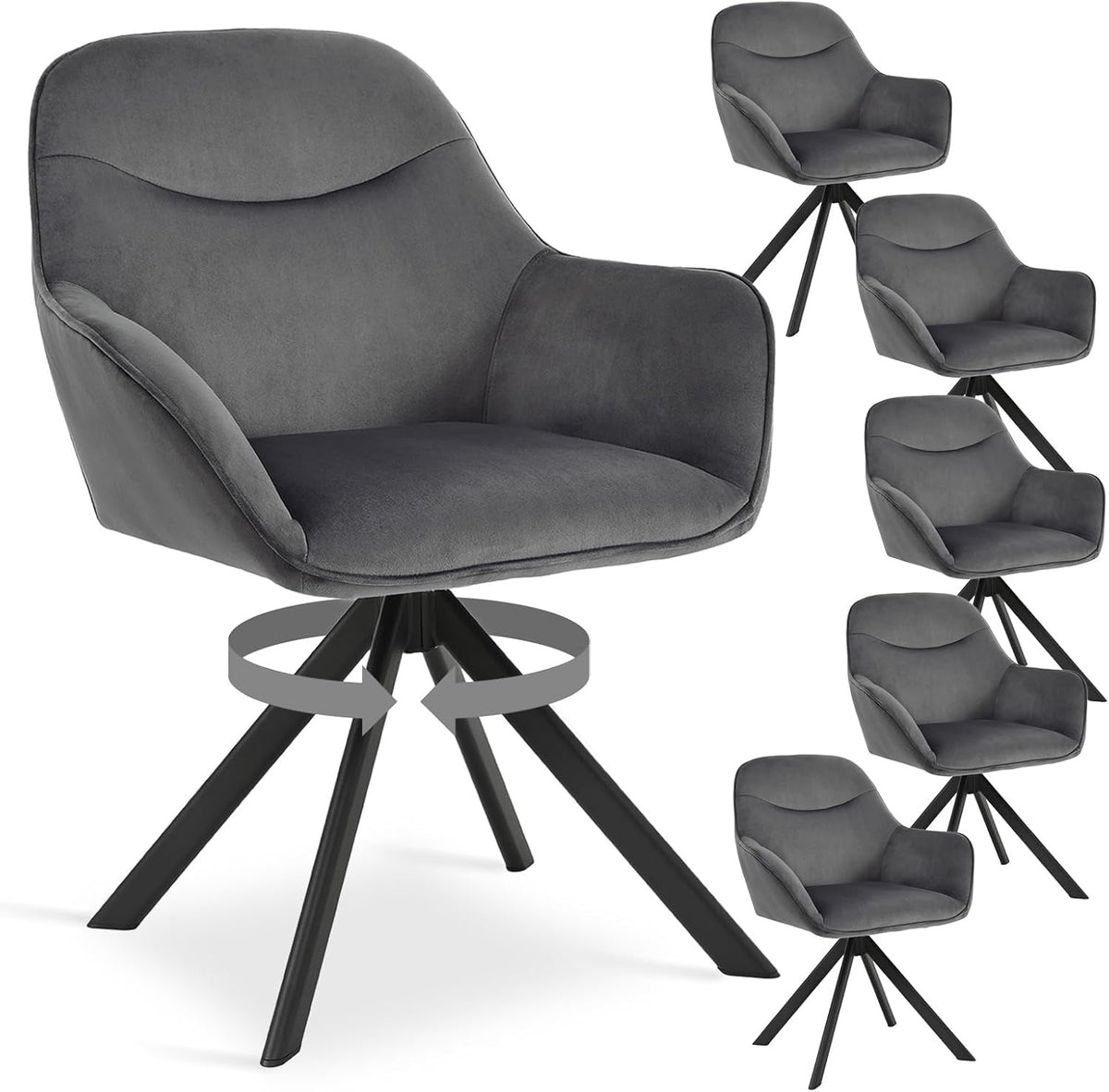 6er Set Esszimmerstühle Drehbar mit Armlehne, 360° Drehstuhl Polsterstuhl Samt Modern Küchenstuhl mit Metallbeine für Esszimmer, Wohnzimmer, Büro, Dunkelgrau – Blau, Standardgröße, 2