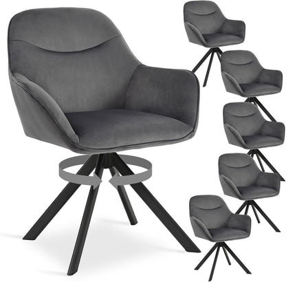 6er Set Esszimmerstühle Drehbar mit Armlehne, 360° Drehstuhl Polsterstuhl Samt Modern Küchenstuhl mit Metallbeine für Esszimmer, Wohnzimmer, Büro, Dunkelgrau – Blau, Standardgröße, 2