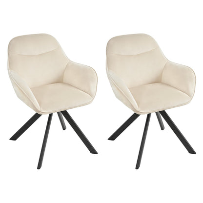 6er Set Esszimmerstühle Drehbar mit Armlehne, 360° Drehstuhl Polsterstuhl Samt Modern Küchenstuhl mit Metallbeine für Esszimmer, Wohnzimmer, Büro, Dunkelgrau – Elfenbein, Standardgröße, 2
