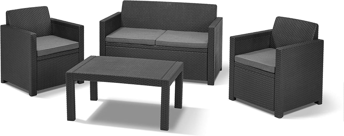 Keter Merano Gartenmöbel Set 4-teilig Grau mit Sitzkissen – Gartenlounge mit Sofa, 2 Sesseln & Tisch für Garten und Terrasse – Modena, Single
