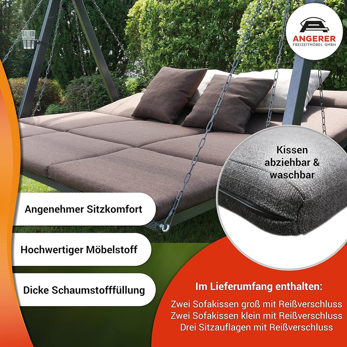 ANGERER Hollywoodschaukel Lounge Smart 3-Sitzer mit Bettfunktion & Sonnendach – Gartenschaukel mit Liegefunktion, Hergestellt in Deutschland
