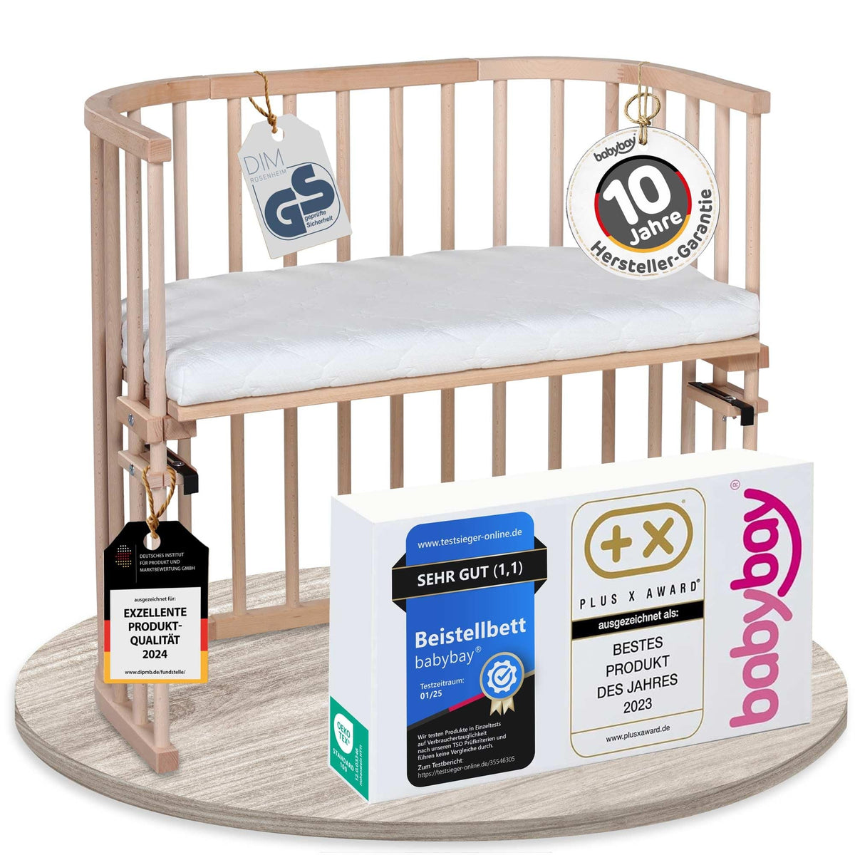 babybay Original Beistellbett aus massivem Buchenholz mit Matratze, höhenverstellbares Babybett für Neugeborene – Natur Unbehandelt, 112L x 62B x 96.5H cm, Kinderbettset