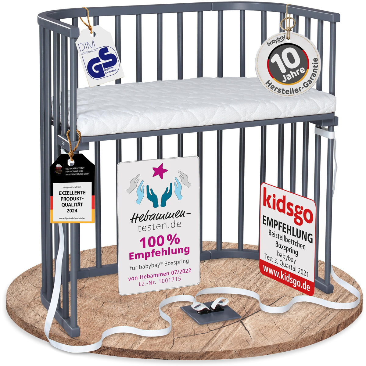 babybay Original Beistellbett aus massivem Buchenholz mit Matratze, höhenverstellbares Babybett für Neugeborene – Natur Lackiert, 87L x 46B x 79H cm, Kinderbettset