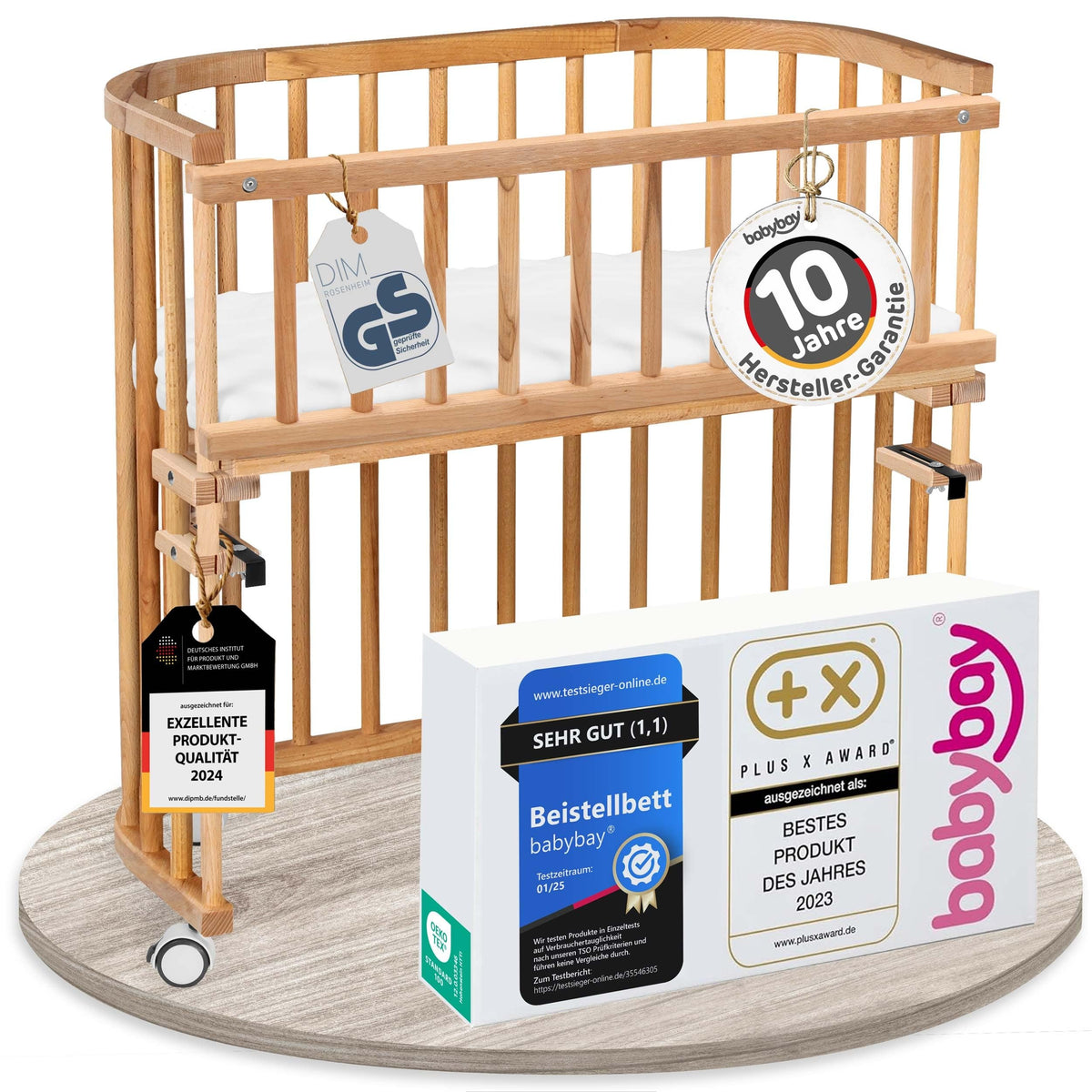 babybay Original Beistellbett aus massivem Buchenholz mit Matratze, höhenverstellbares Babybett für Neugeborene – Weiß Lackiert, 112L x 62B x 96.5H cm, Ohne Matratze