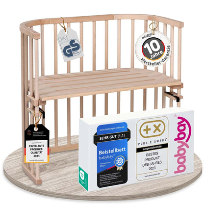 babybay Original Beistellbett aus massivem Buchenholz mit Matratze, höhenverstellbares Babybett für Neugeborene – Weiß Lackiert, 96L x 54B x 96.5H cm, Kinderbettset