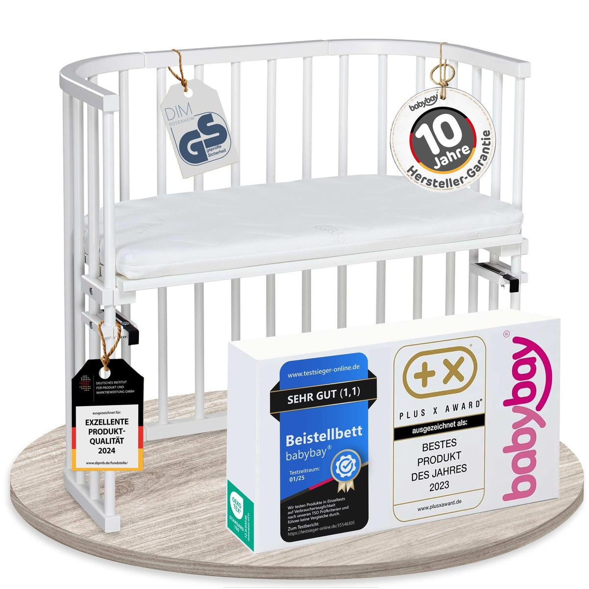 babybay Original Beistellbett aus massivem Buchenholz mit Matratze, höhenverstellbares Babybett für Neugeborene – Weiß Lackiert, 96L x 54B x 96.5H cm, Mit Matratze, Gitter, Rollen