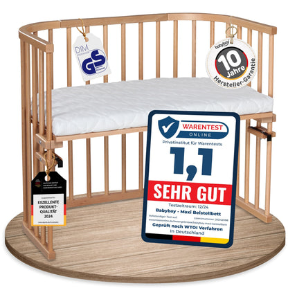 babybay Original Beistellbett aus massivem Buchenholz mit Matratze, höhenverstellbares Babybett für Neugeborene – Natur Unbehandelt, 96L x 54B x 96.5H cm, Ohne Matratze