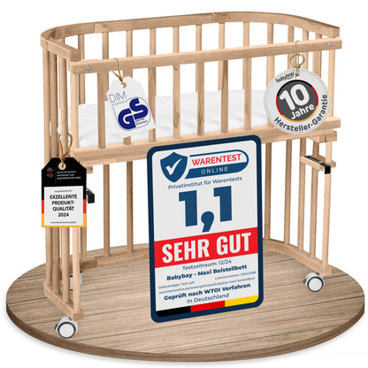 babybay Original Beistellbett aus massivem Buchenholz mit Matratze, höhenverstellbares Babybett für Neugeborene – Natur Lackiert, 112L x 62B x 96.5H cm, Mit Matratze