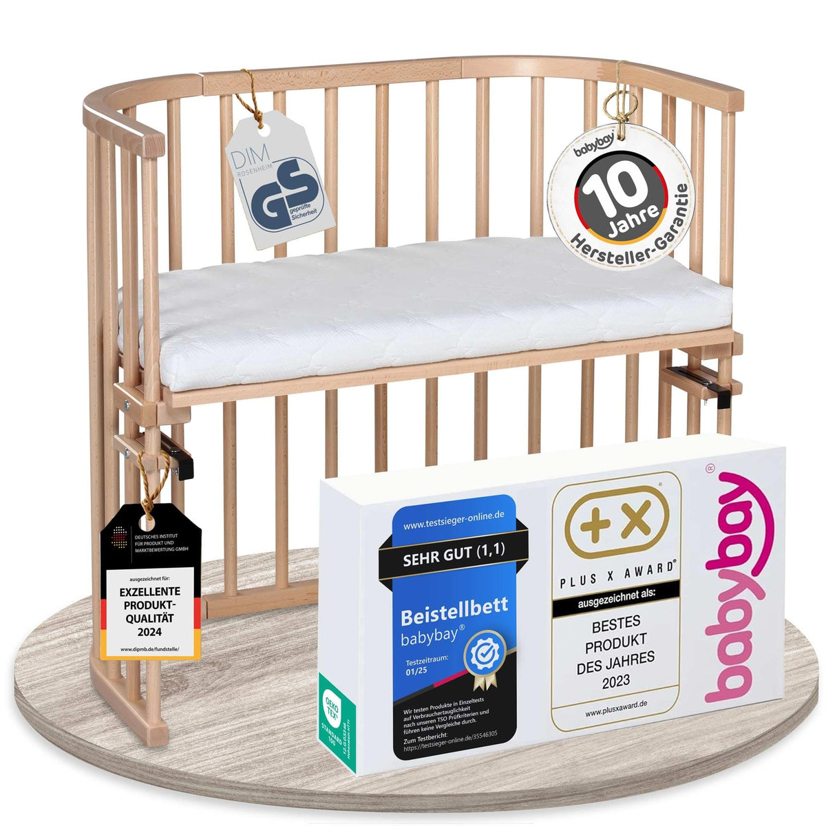 babybay Original Beistellbett aus massivem Buchenholz mit Matratze, höhenverstellbares Babybett für Neugeborene – Natur Unbehandelt, 96L x 54B x 96.5H cm, Mit Matratze