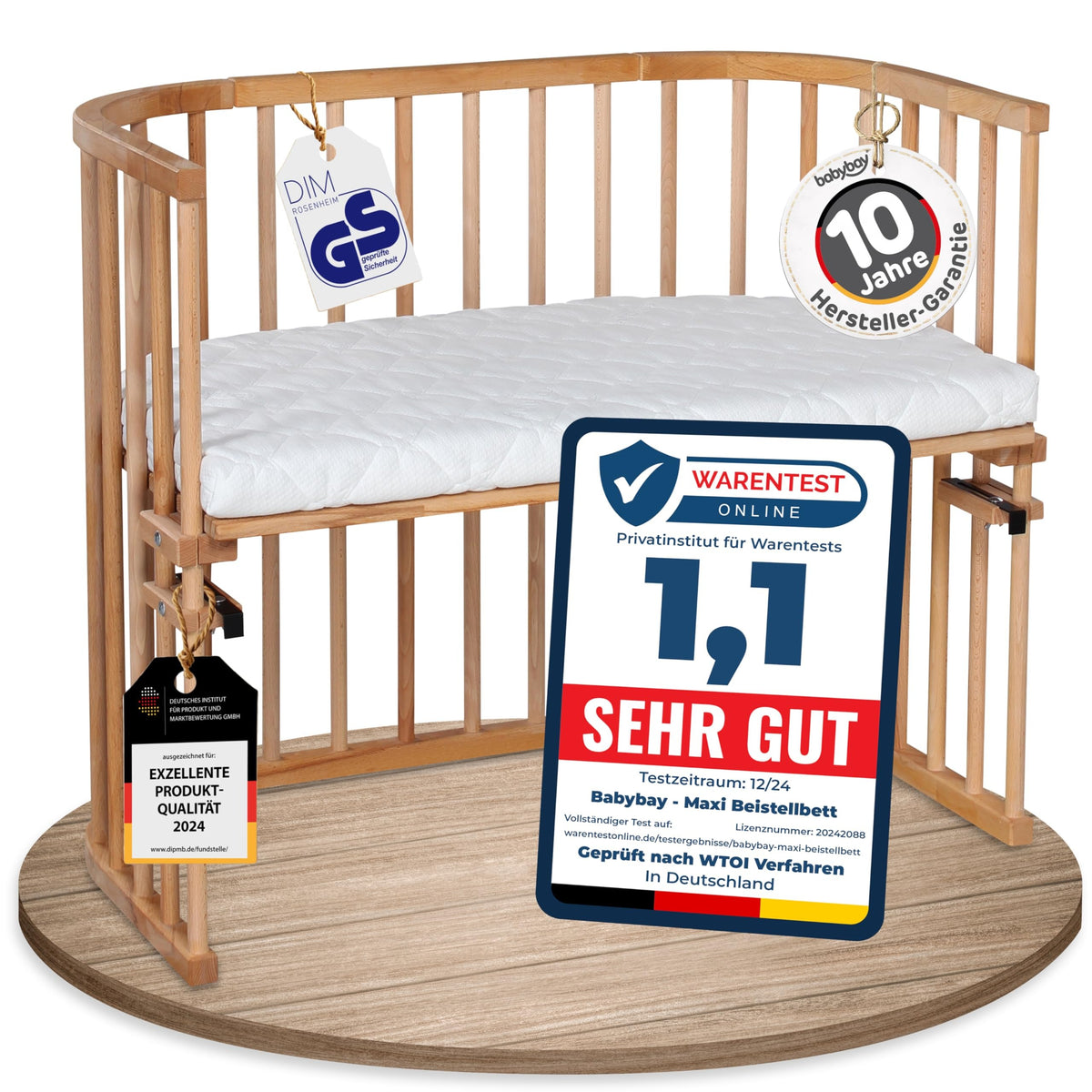 babybay Original Beistellbett aus massivem Buchenholz mit Matratze, höhenverstellbares Babybett für Neugeborene – Natur Lackiert, 96L x 54B x 96.5H cm, Mit Matratze