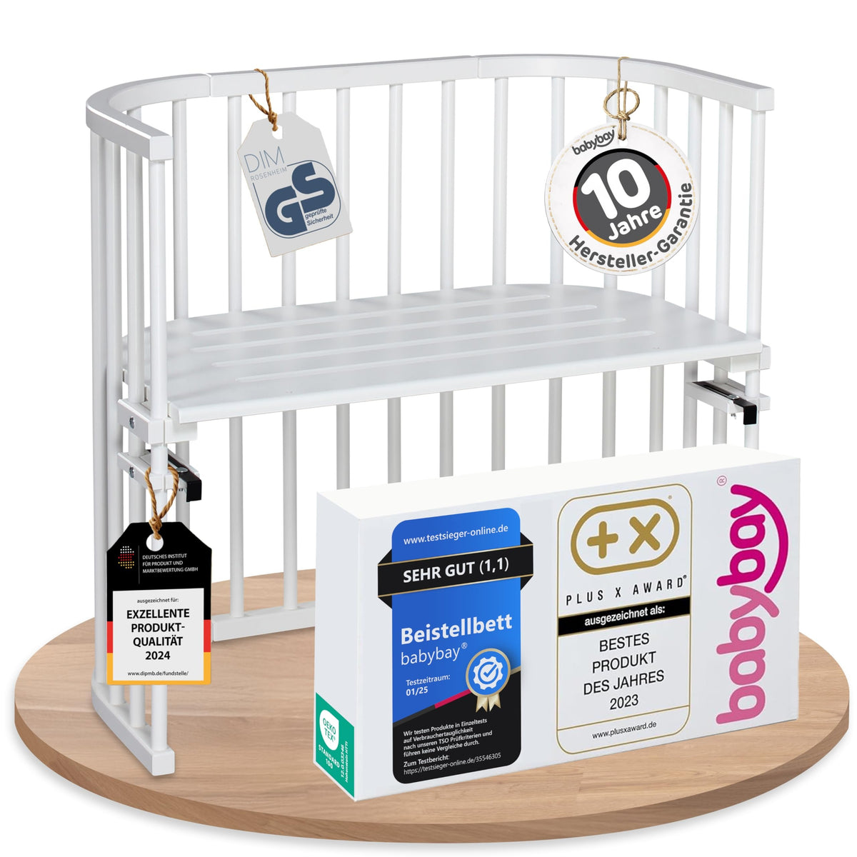 babybay Original Beistellbett aus massivem Buchenholz mit Matratze, höhenverstellbares Babybett für Neugeborene – Weiß Lackiert, 96L x 54B x 79H cm, Kinderbettset