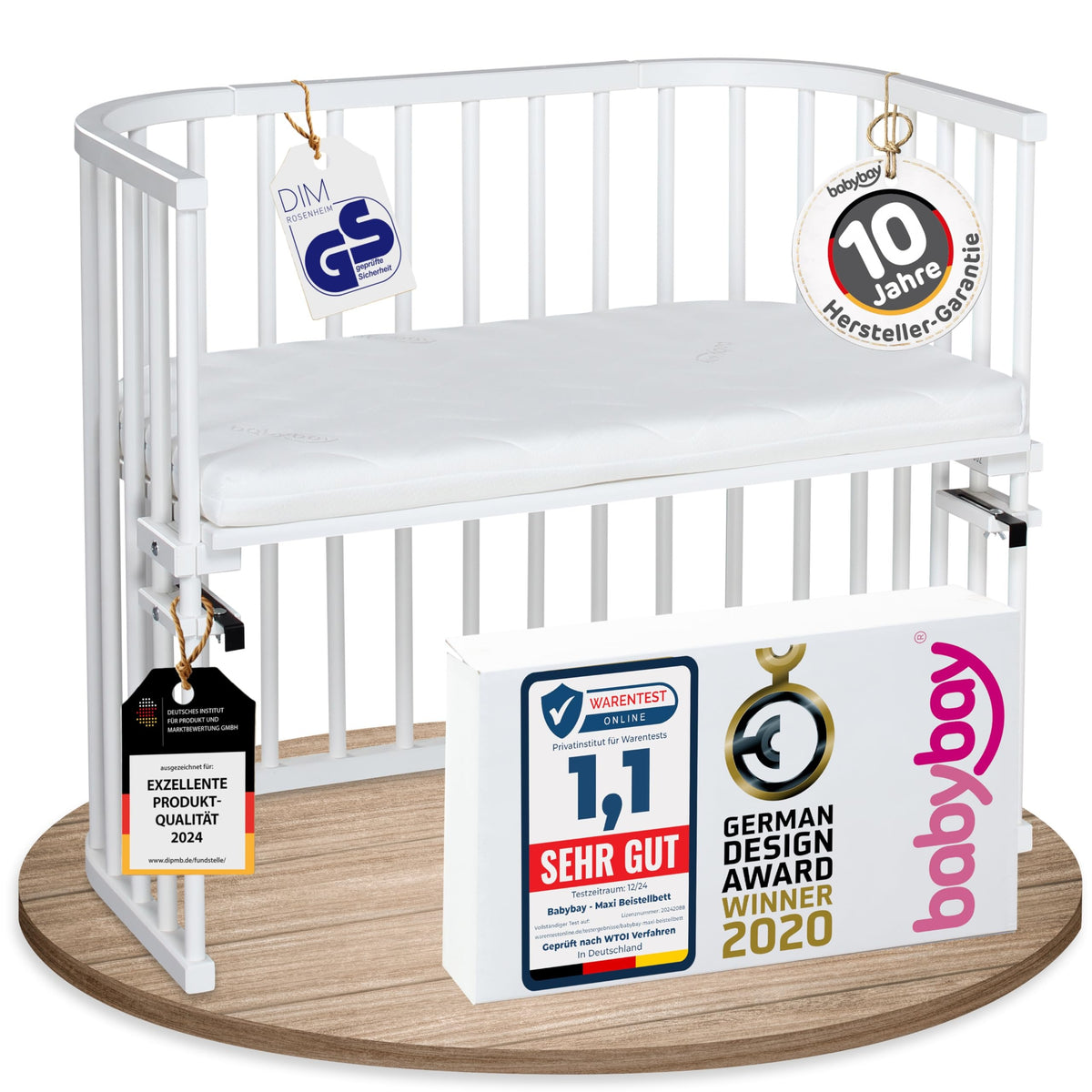 babybay Original Beistellbett aus massivem Buchenholz mit Matratze, höhenverstellbares Babybett für Neugeborene – Kernbuche Geölt, 87L x 46B x 79H cm, Mit Matratze, Gitter, Rollen
