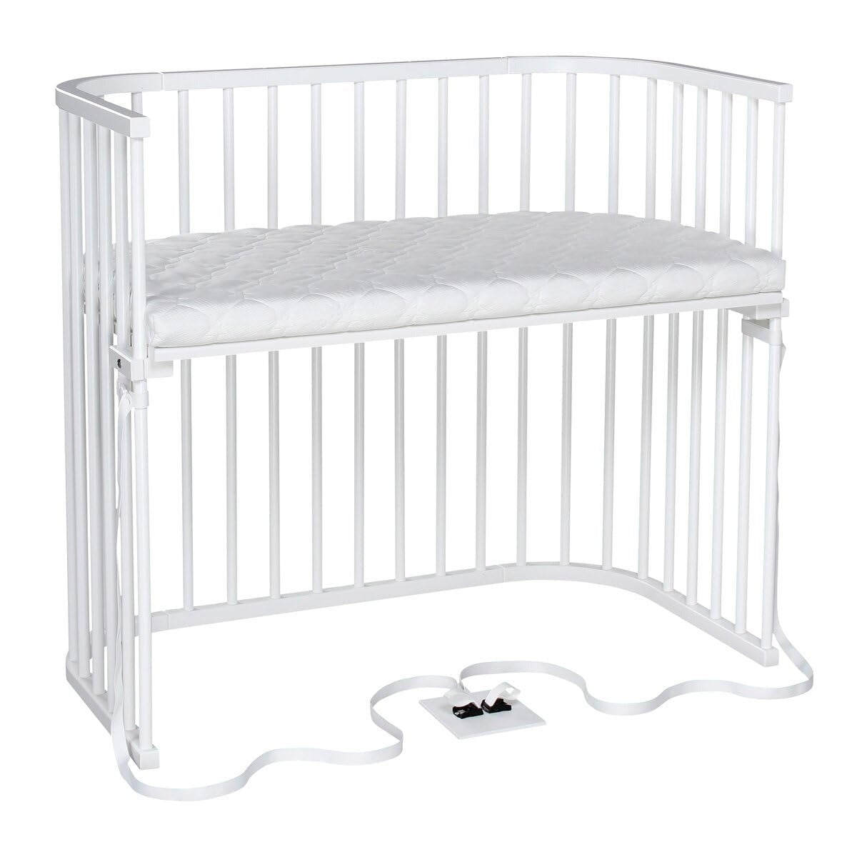 babybay Original Beistellbett aus massivem Buchenholz mit Matratze, höhenverstellbares Babybett für Neugeborene – Natur Lackiert, 87L x 46B x 79H cm, Mit Matratze, Gitter, Rollen