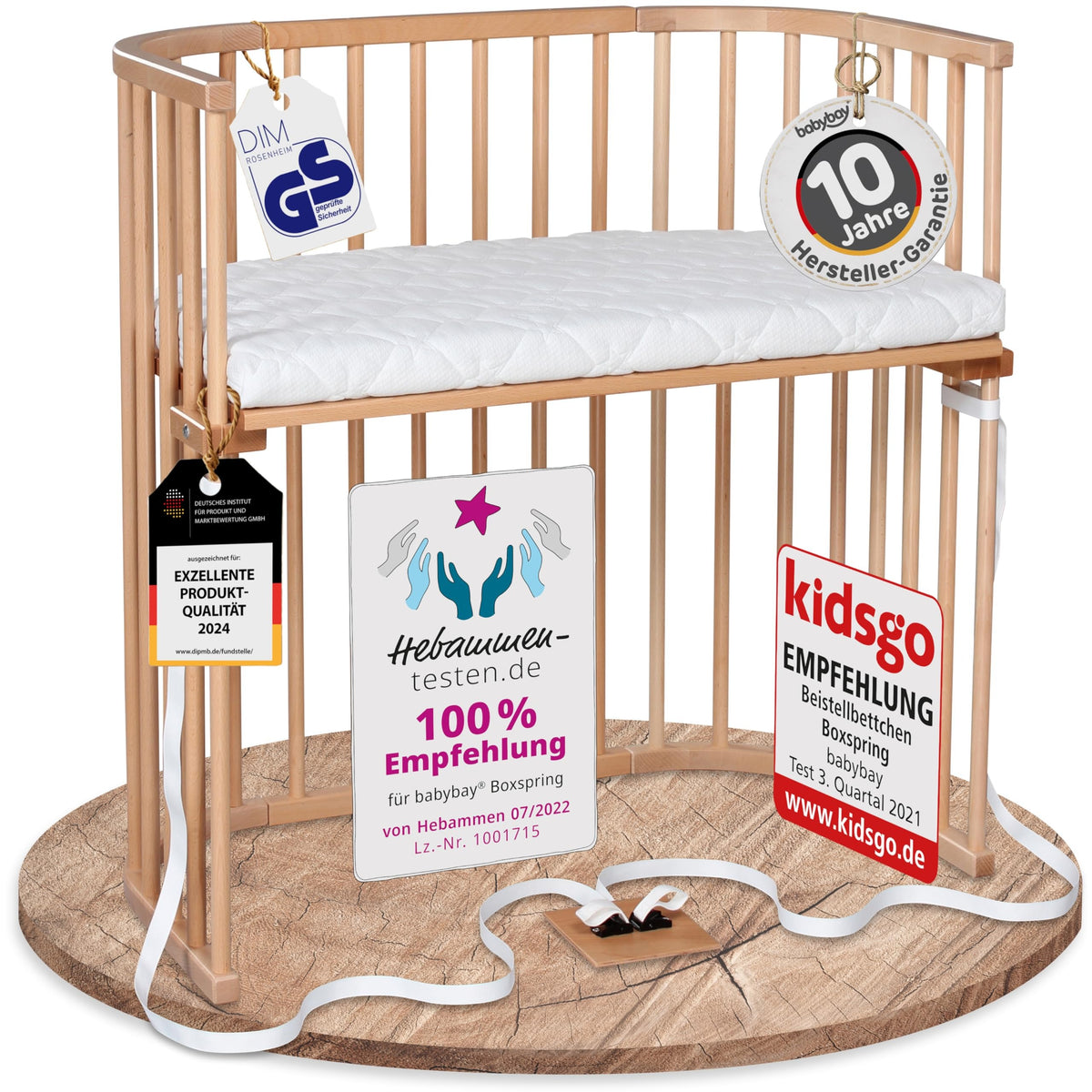 babybay Original Beistellbett aus massivem Buchenholz mit Matratze, höhenverstellbares Babybett für Neugeborene – Weiß Lackiert, 87L x 46B x 79H cm, Mit Matratze, Gitter, Rollen