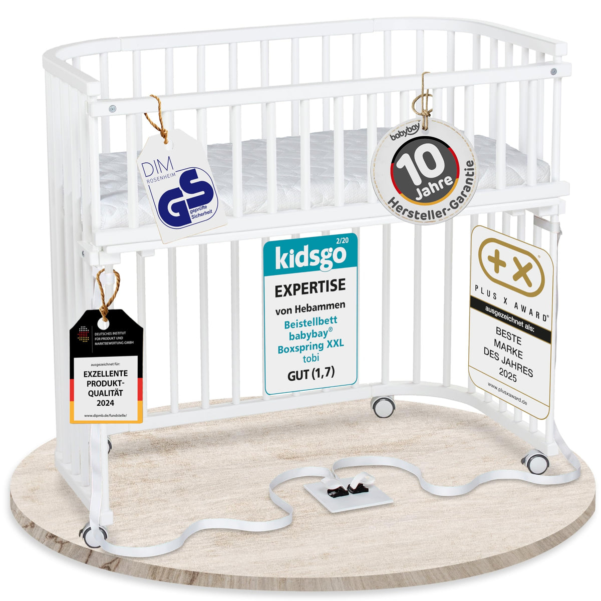 babybay Original Beistellbett aus massivem Buchenholz mit Matratze, höhenverstellbares Babybett für Neugeborene – Weiß Lackiert, 87L x 46B x 79H cm, Mit Matratze