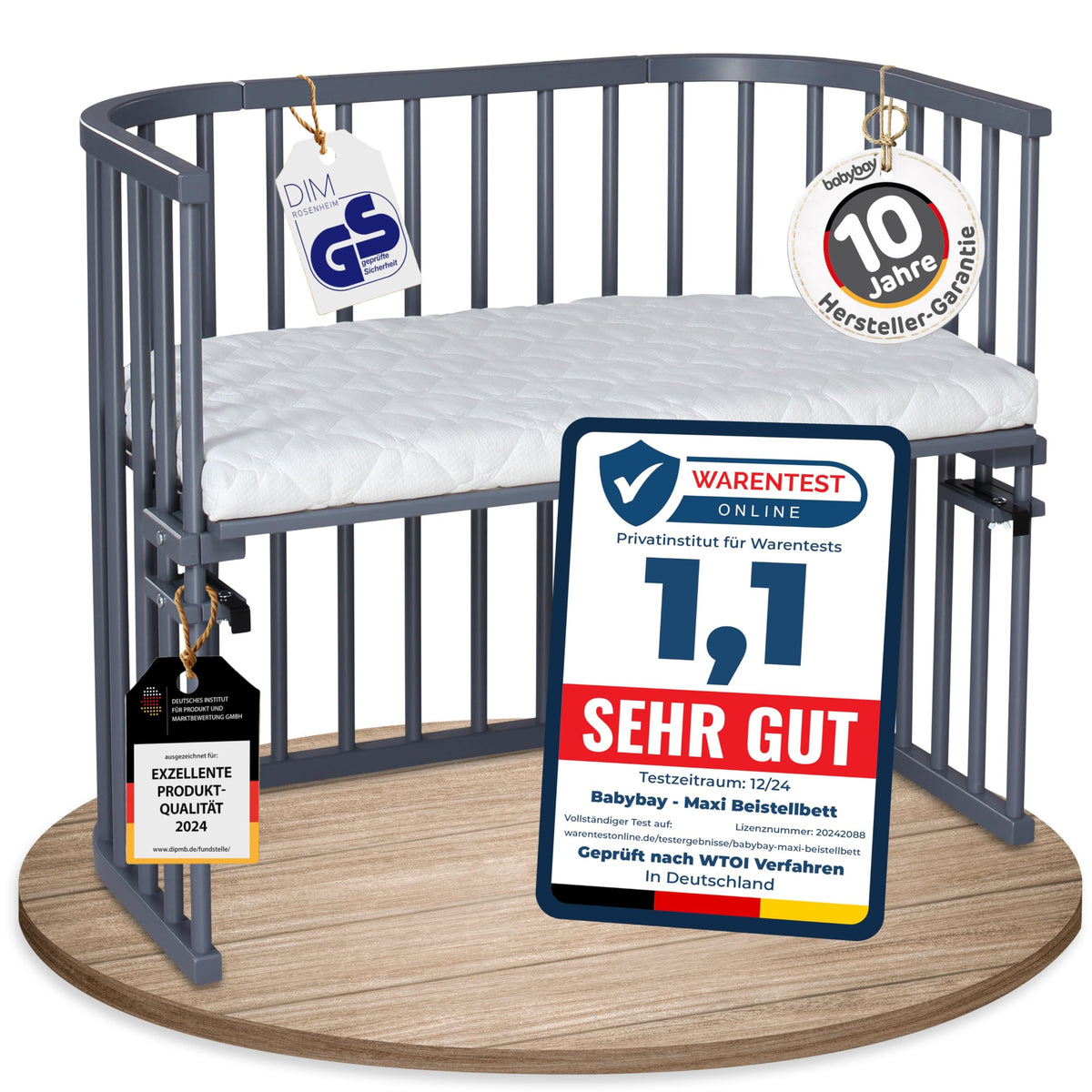 babybay Original Beistellbett aus massivem Buchenholz mit Matratze, höhenverstellbares Babybett für Neugeborene – Natur Unbehandelt, 88L x 44.5B x 79H cm, Mit Matratze