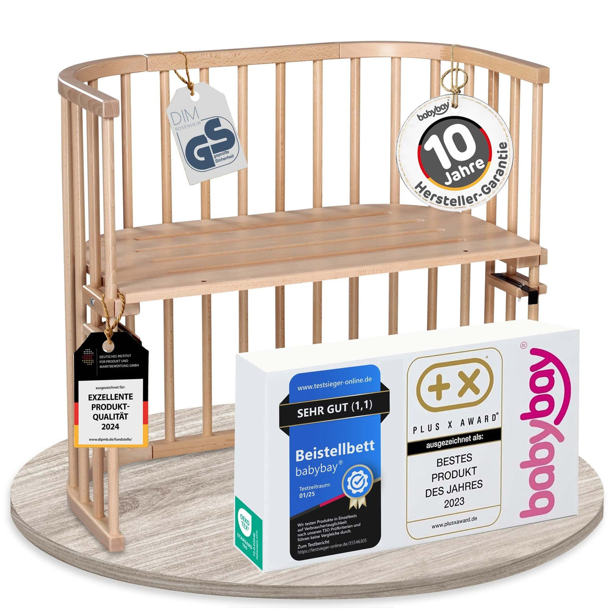 babybay Original Beistellbett aus massivem Buchenholz mit Matratze, höhenverstellbares Babybett für Neugeborene – Beige Lackiert, 96L x 54B x 96.5H cm, Mit Matratze