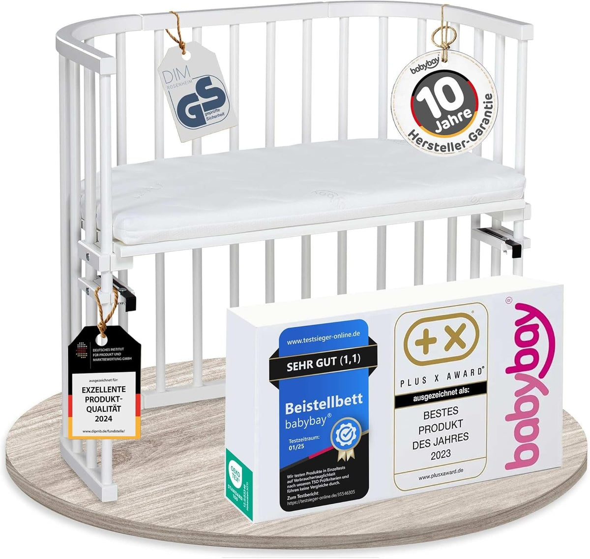 babybay Original Beistellbett aus massivem Buchenholz mit Matratze, höhenverstellbares Babybett für Neugeborene – Weiß Lackiert, 87L x 46B x 79H cm, Ohne Matratze
