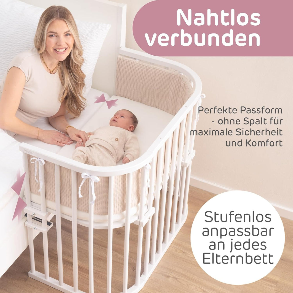 babybay Original Beistellbett aus massivem Buchenholz mit Matratze, höhenverstellbares Babybett für Neugeborene – Natur Unbehandelt, 88L x 44.5B x 79H cm, Ohne Matratze