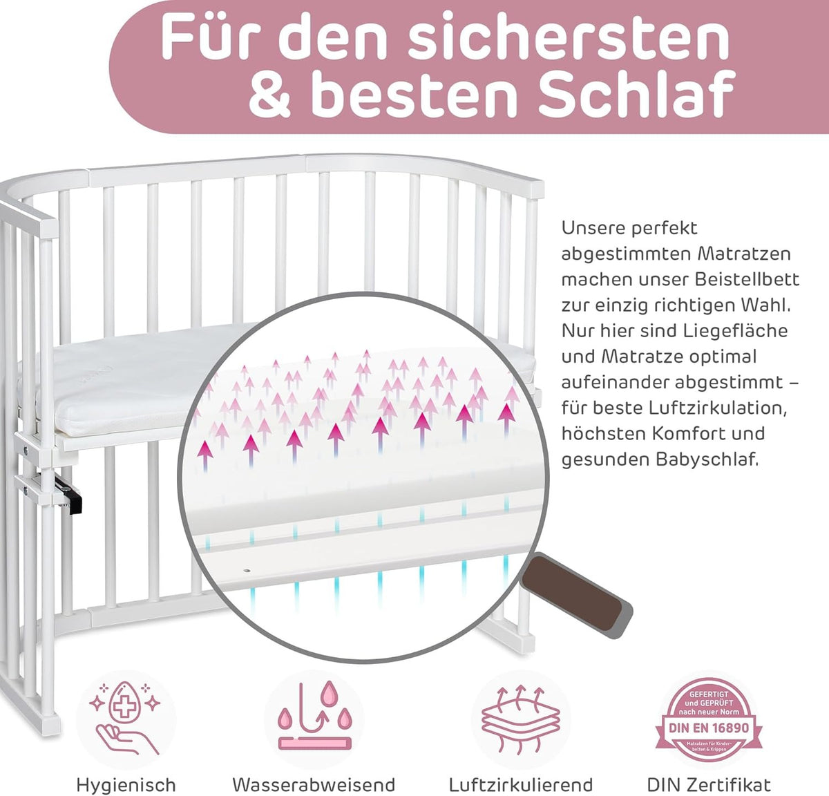 babybay Original Beistellbett aus massivem Buchenholz mit Matratze, höhenverstellbares Babybett für Neugeborene