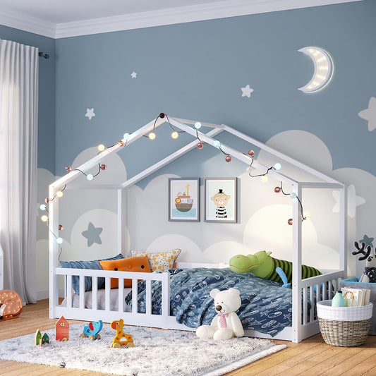 Bellabino Bia Kinderbett 120x200 cm, Bodenbett, Weiß, mit Rausfallschutz – Weiß, 140x200 cm, mit Matratze