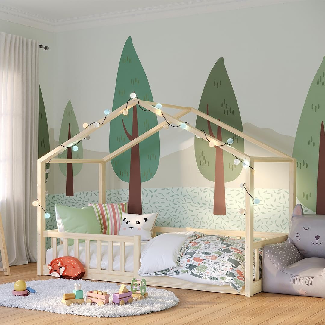 Bellabino Bia Kinderbett 120x200 cm, Bodenbett, Weiß, mit Rausfallschutz – Weiß, 90x200 cm, mit Matratze