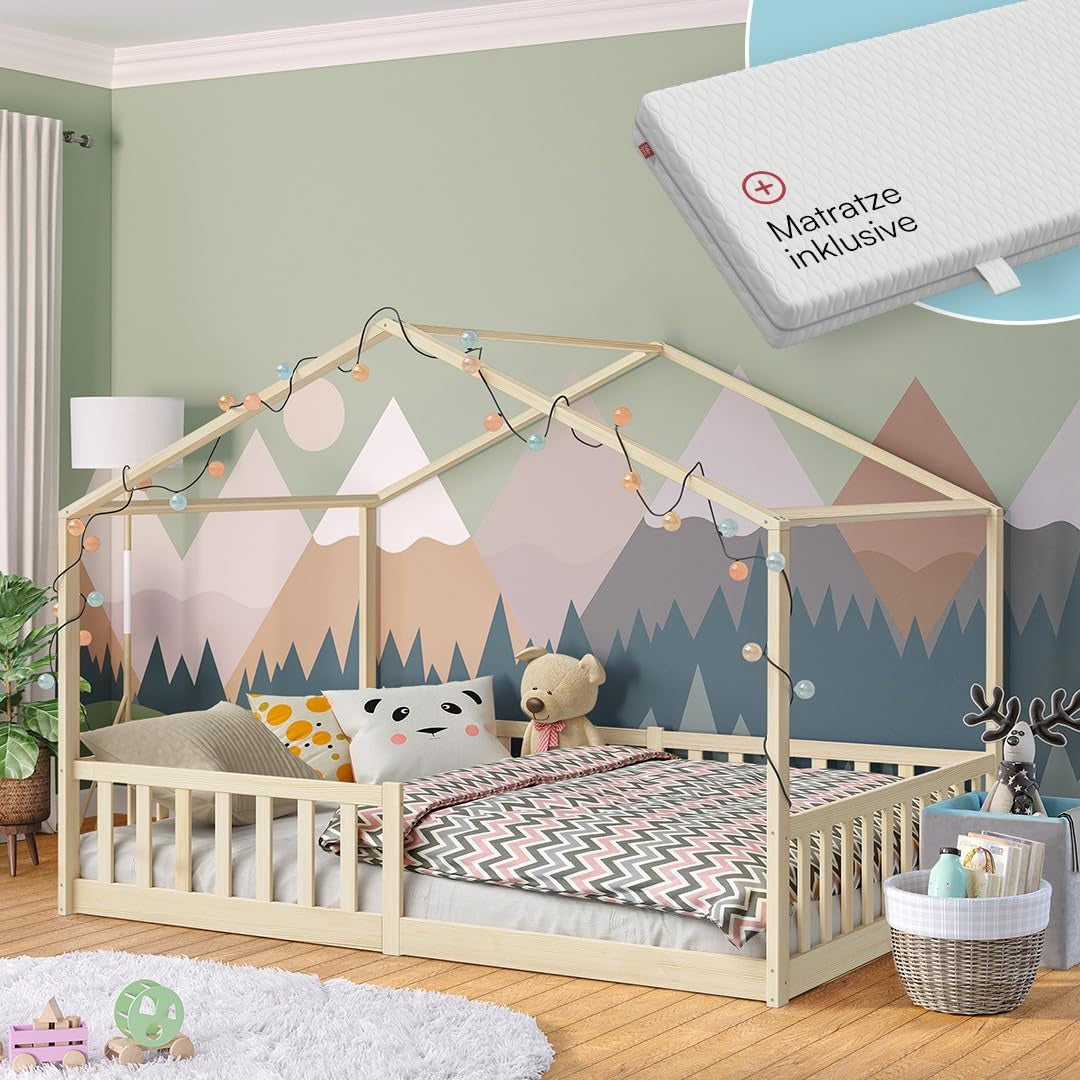 Bellabino Bia Kinderbett 120x200 cm, Bodenbett, Weiß, mit Rausfallschutz – Weiß, 80x160 cm, mit Matratze