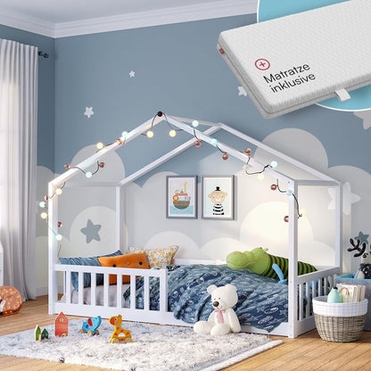 Bellabino Bia Kinderbett 120x200 cm, Bodenbett, Weiß, mit Rausfallschutz – Weiß, 140x200 cm, ohne Matratze