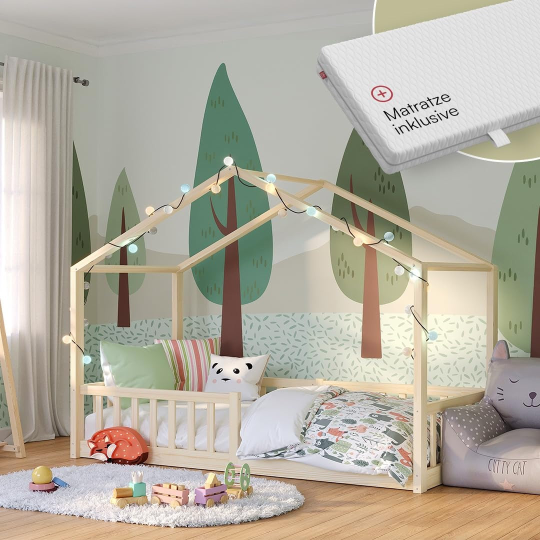 Bellabino Bia Kinderbett 120x200 cm, Bodenbett, Weiß, mit Rausfallschutz – Weiß, 90x200 cm, ohne Matratze