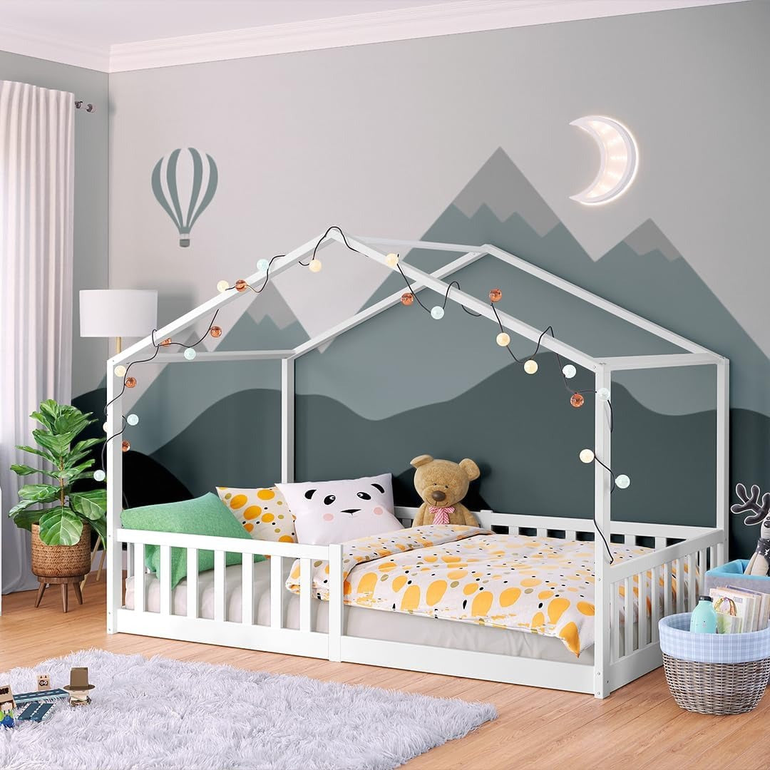 Bellabino Bia Kinderbett 120x200 cm, Bodenbett, Weiß, mit Rausfallschutz – Weiß, 120x200 cm, ohne Matratze