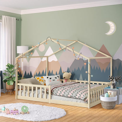Bellabino Bia Kinderbett 120x200 cm, Bodenbett, Weiß, mit Rausfallschutz – Natur, 90x200 cm, ohne Matratze