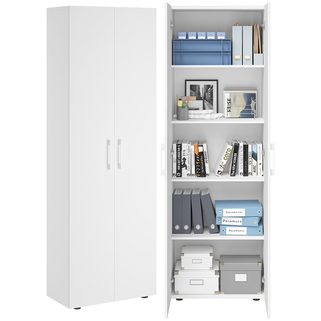 Bellamio Apol Besenschrank 60 cm breit, Weiß, Staubsaugerfach, Stauraum – Eichenoptik, Akten- und Besenschrank