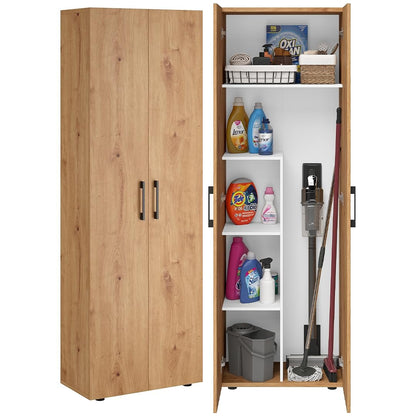 Bellamio Apol Besenschrank 60 cm breit, Weiß, Staubsaugerfach, Stauraum – Eichenoptik, Aktenschrank 5 Fächer