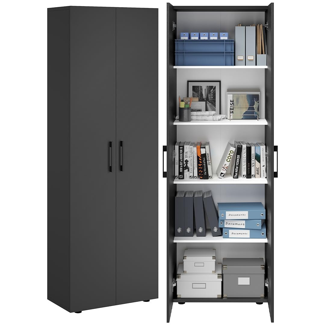 Bellamio Apol Besenschrank 60 cm breit, Weiß, Staubsaugerfach, Stauraum – Schwarz, Besenschrank schmal